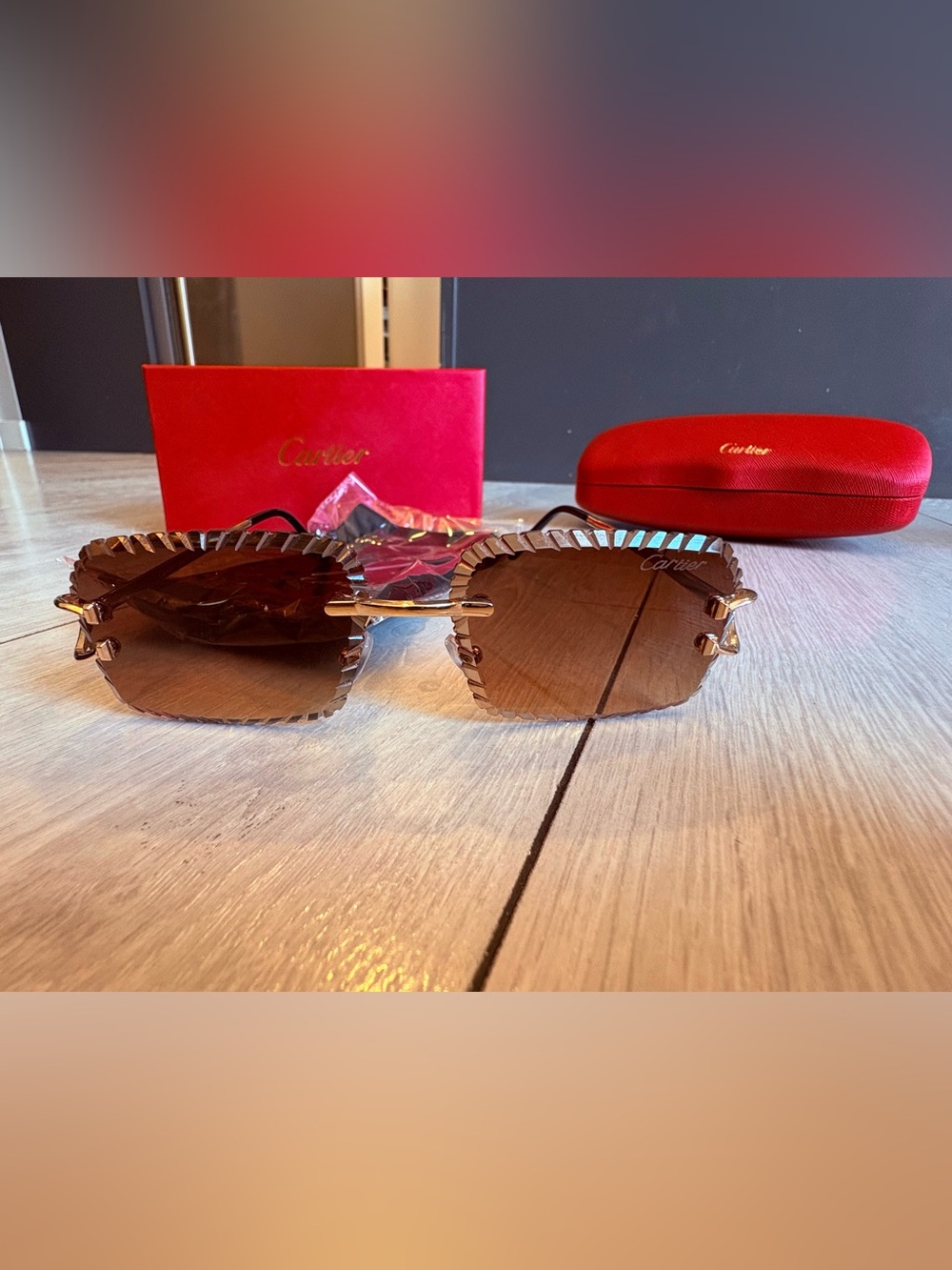 Cartier Brown Gradient Rimless Sunglasses with Gold Accents